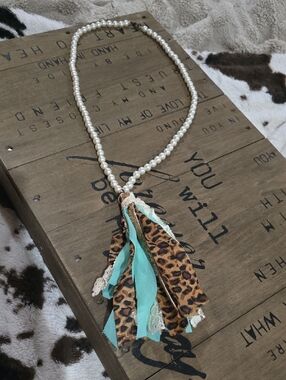 Pearl Beaded Necklace with Leopard & Turquoise Fabric Tassel
